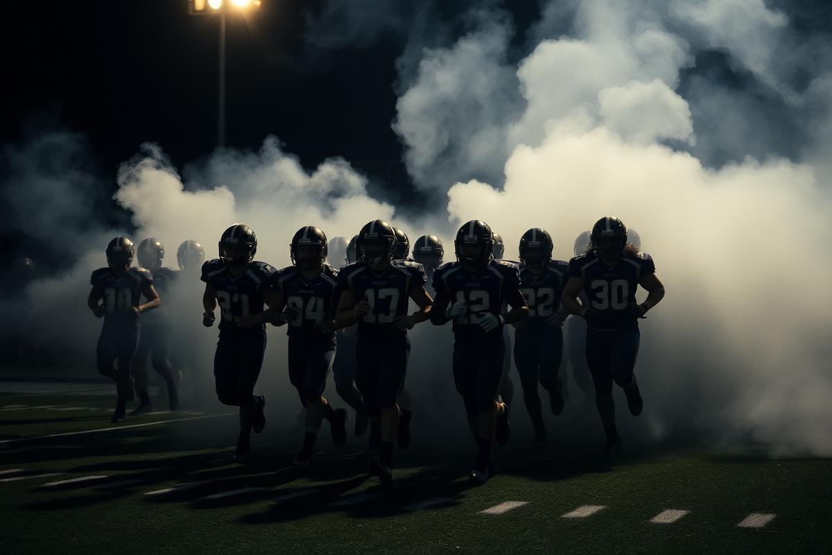 Team taking the field through smoke